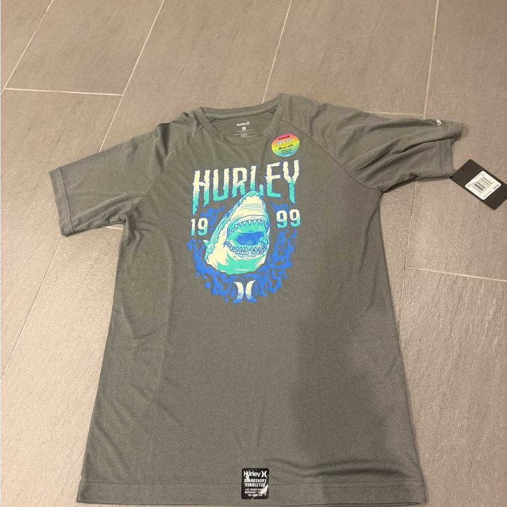Hurley Heather Gray Short Sleeve Tee with Blue Accent Print